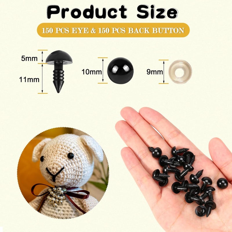 Xarchy 300 Pieces 10mm Safety Eyes for Amigurumi, Black Plastic Craft Eyes with Washers, Stuffed Crochet Eyes for DIY Crochet Crafts Stuffed Animals Making Supplies - Image 2